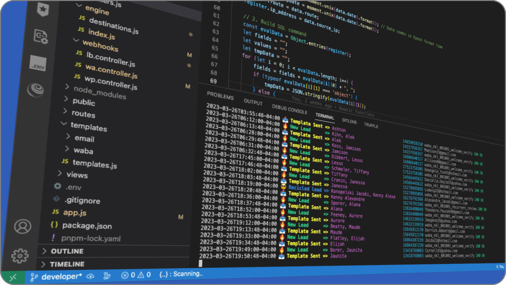 Real-time lead processing logs: webhook reception, WhatsApp template dispatch, and async event handlers.